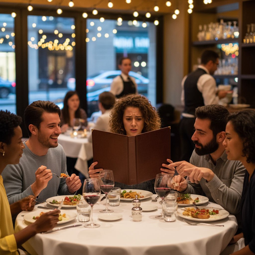 A group at a restaurant and a woman unsure what to order from the menu.
