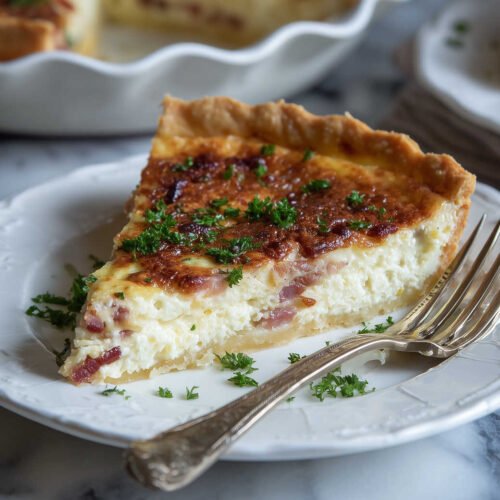 A Slice Of Gluten Free Quiche On A White Plate.