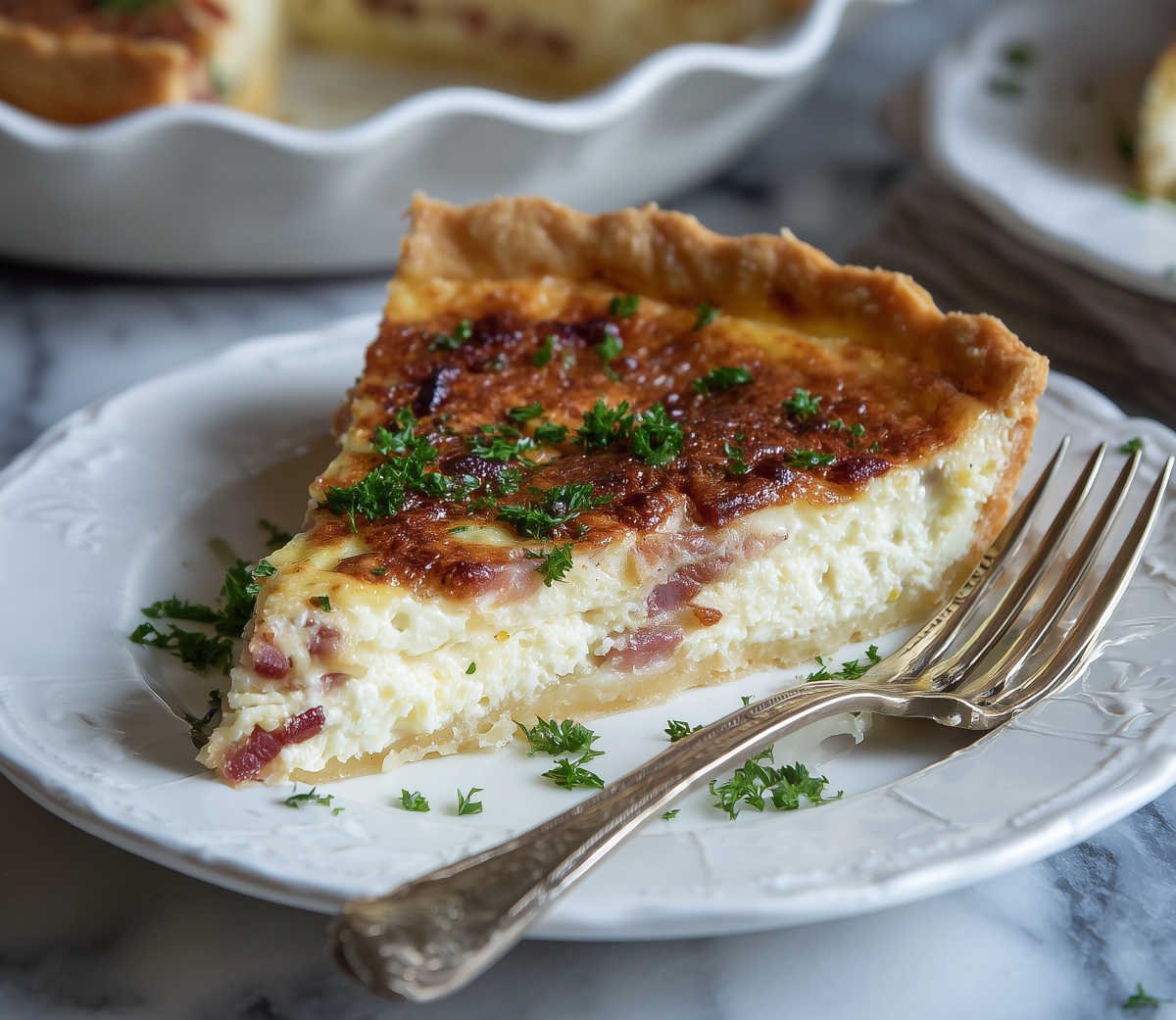 A Slice Of Gluten Free Quiche On A White Plate.