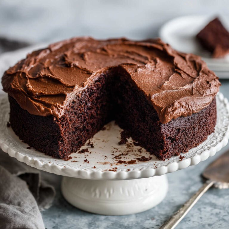 Gluten Free Chocolate Cake With Frosting on a Cake Platter.