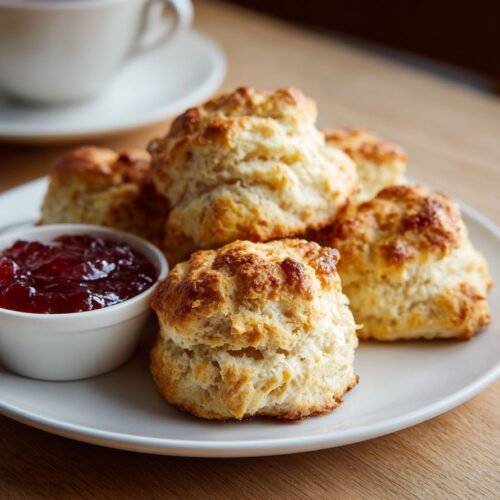 Golden scones with berry jam.