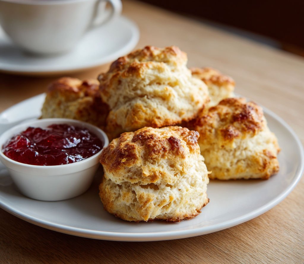 Golden scones with berry jam.