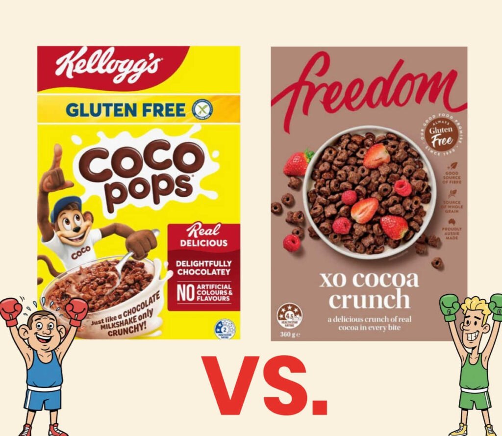 Kelloggs GF Coco Pops Vs Freedom XO Cocoa Crunch.