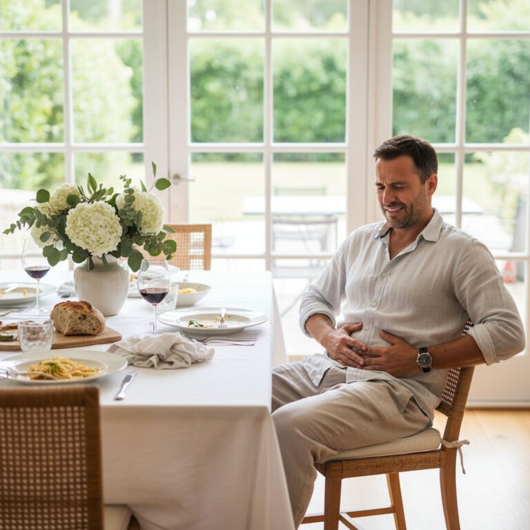 A man holding his stomach in discomfort from symptoms of coeliac disease.
