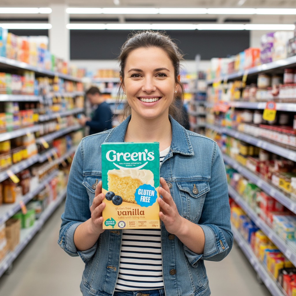 Woman holding Greens Gluten Free Cake Mix