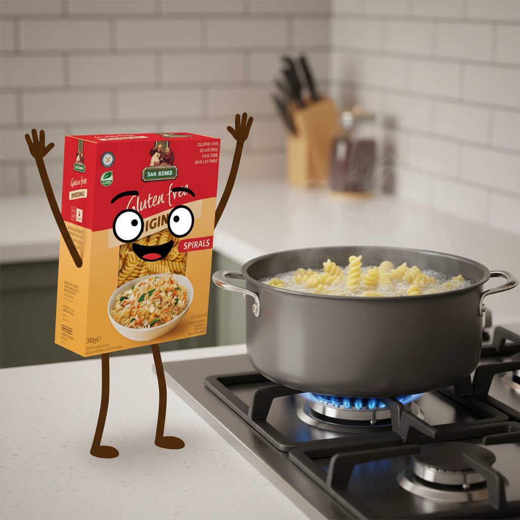 A cartoon box of San Remo Pasta watching over a pot of boiling spiral pasta.