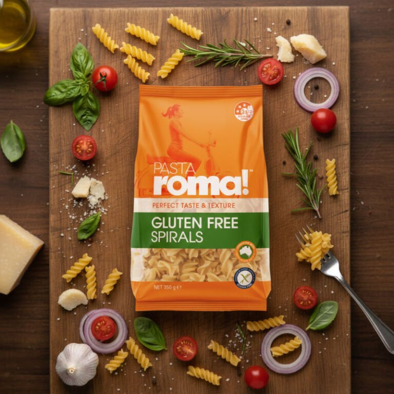 Pasta Roma Gluten Free Spirals on Bench.