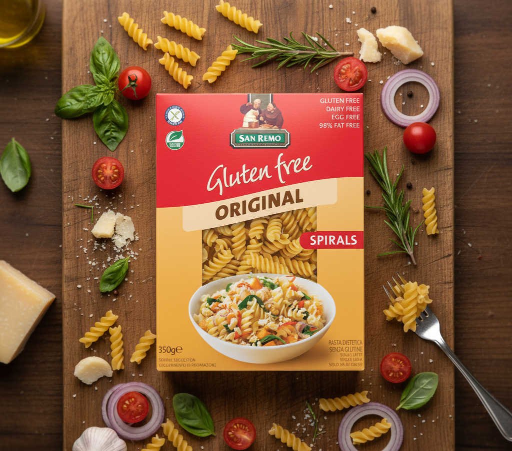 A pack of San Remo GF Pasta on a board.