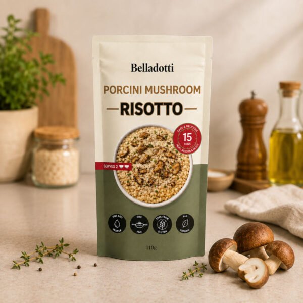 Belladotti Porcini Mushroom Risotto 110g Front of Pack Belladotti Porcini Mushroom Risotto 110g Front of Pack