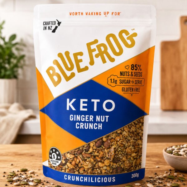Blue Frog Keto Granola _Ginger Nut Crunch 350g Front of Pack Blue Frog Keto Granola _Ginger Nut Crunch 350g Front of Pack