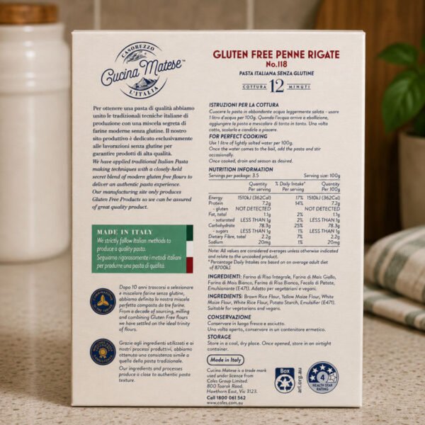 Cucina Matese Gluten Free Penne Pasta Back of Pack Cucina Matese Gluten Free Penne Pasta Back of Pack