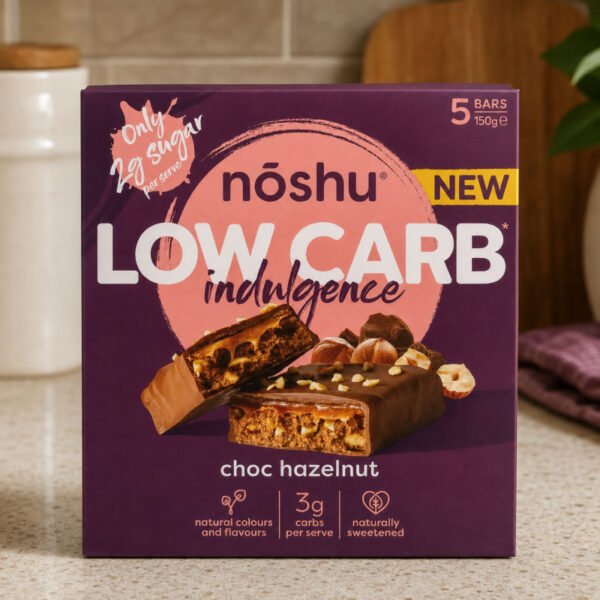 Noshu Low Carb Indulgence Bars Choc Hazelnut Front of Pack Noshu Low Carb Indulgence Bars Choc Hazelnut Front of Pack