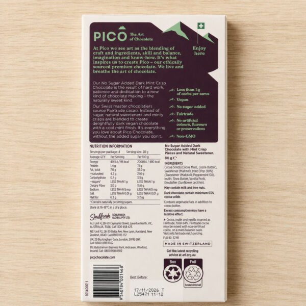 Pico No Sugar Added Dark Chocolate Bar Mint 80g Back of Pack Pico No Sugar Added Dark Chocolate Bar Mint 80g Back of Pack