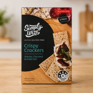 Simply Wize Gluten Free Crispy Crackers Sesame Chia Seed and Andes Salt 150g Front of Pack Simply Wize Gluten Free Crispy Crackers Sesame Chia Seed and Andes Salt 150g Front of Pack
