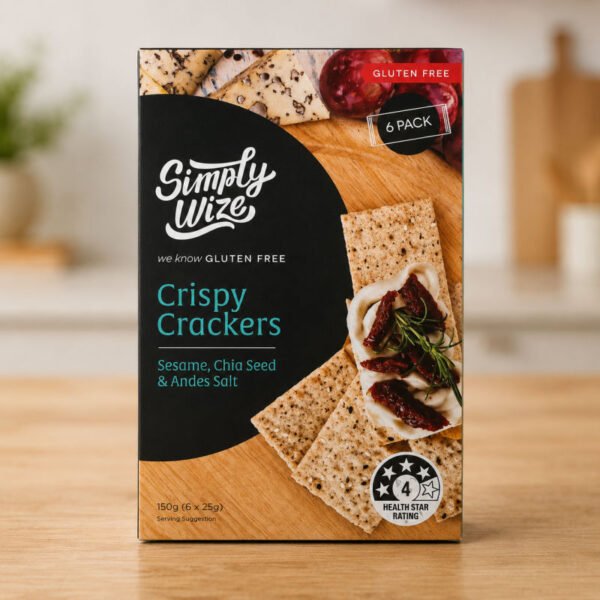 Simply Wize Gluten Free Crispy Crackers Sesame Chia Seed and Andes Salt 150g Front of Pack Simply Wize Gluten Free Crispy Crackers Sesame Chia Seed and Andes Salt 150g Front of Pack