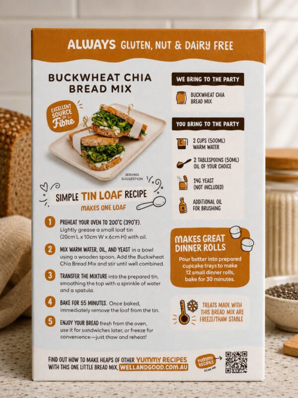 Well and Good Gluten Free Buckwheat Chia Bread Mix Back of Pack Well and Good Gluten Free Buckwheat Chia Bread Mix Back of Pack