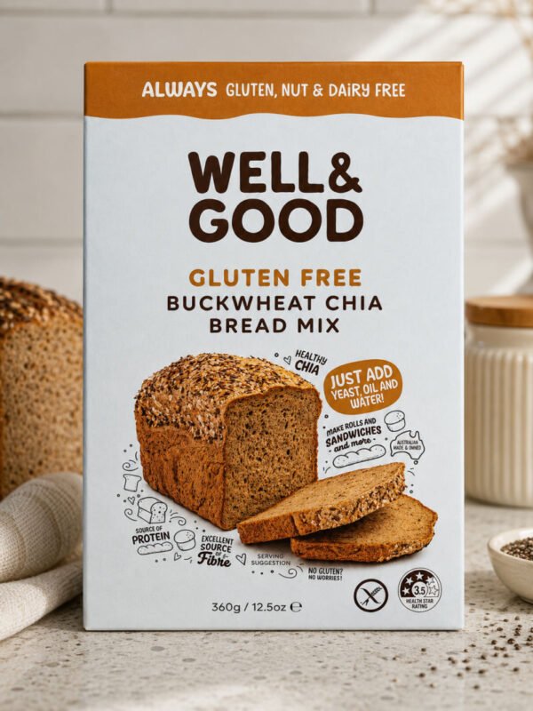 Well and Good Gluten Free Buckwheat Chia Bread Mix Front of Pack Well and Good Gluten Free Buckwheat Chia Bread Mix Front of Pack